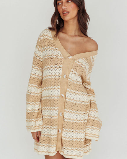 Ivory Button-Up Knit Shirt Dress Nude