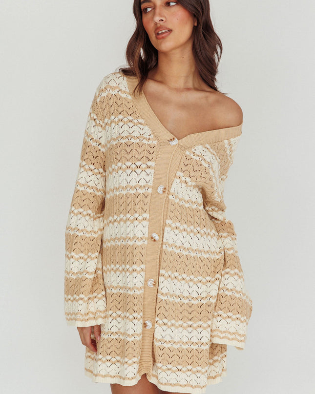 Ivory Button-Up Knit Shirt Dress Nude
