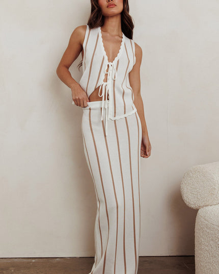 Beige Striped Maxi Knit Skirt