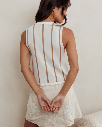 Beige Sleeveless Knit Front Tie Top