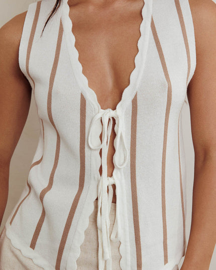Beige Sleeveless Knit Front Tie Top