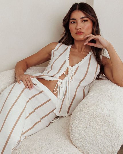 Beige Sleeveless Knit Front Tie Top