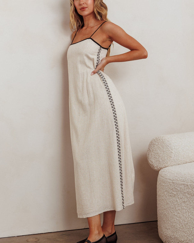Oat Contrast Embroidery Midi Dress
