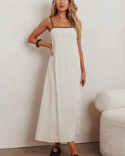 Oat Contrast Embroidery Midi Dress