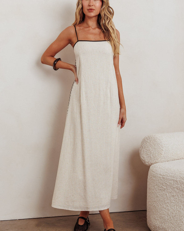 Oat Contrast Embroidery Midi Dress