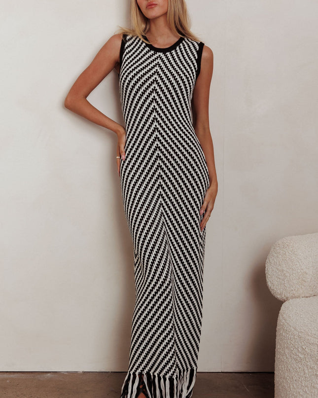 Black Fringed Knit Maxi Dress