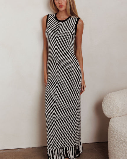 Black Fringed Knit Maxi Dress