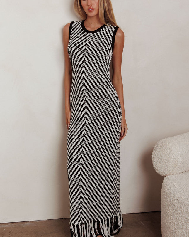 Black Fringed Knit Maxi Dress