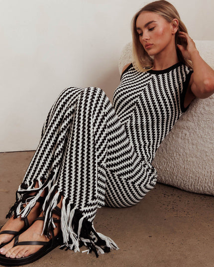 Black Fringed Knit Maxi Dress