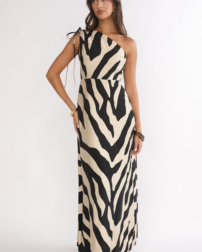 Black One-Shoulder Maxi Dress Zebra