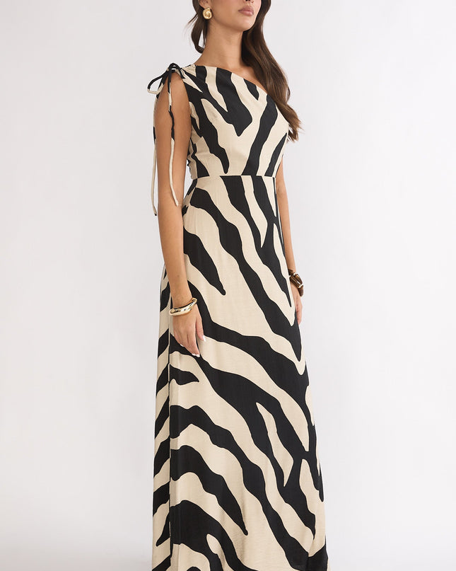 Black One-Shoulder Maxi Dress Zebra