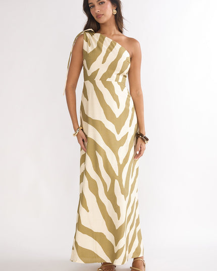 Khaki One-Shoulder Maxi Dress Zebra