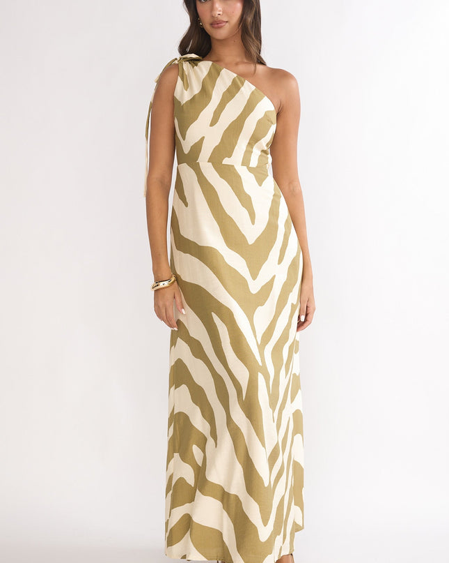 Khaki One-Shoulder Maxi Dress Zebra