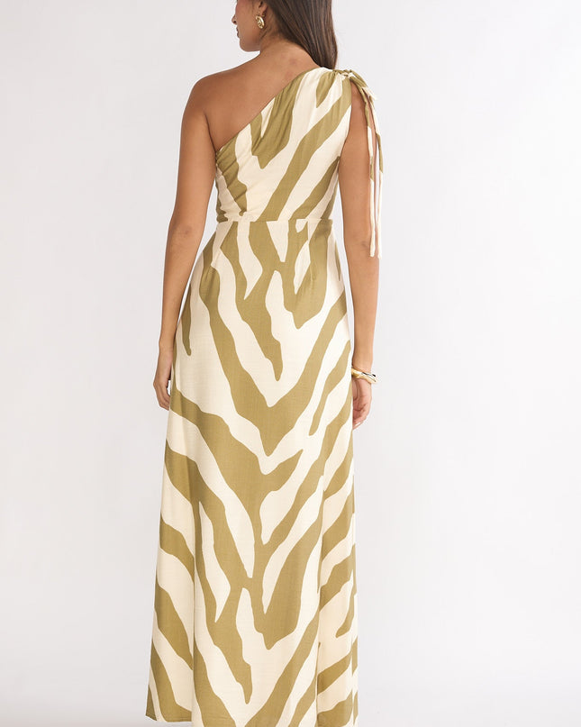 Khaki One-Shoulder Maxi Dress Zebra