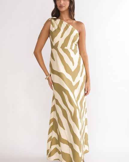 Khaki One-Shoulder Maxi Dress Zebra