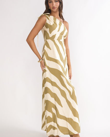 Khaki One-Shoulder Maxi Dress Zebra