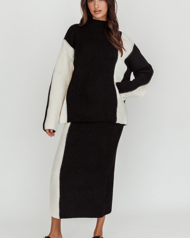 Cream Ribbed Knit Midi Skirt Black