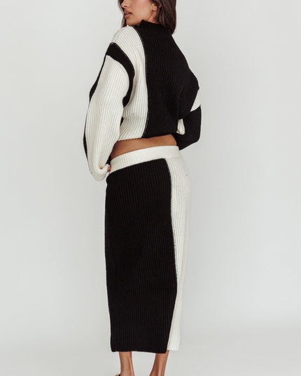 Cream Ribbed Knit Midi Skirt Black