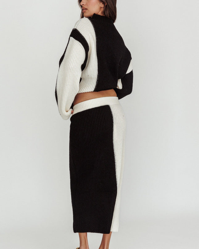 Cream Ribbed Knit Midi Skirt Black
