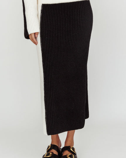 Cream Ribbed Knit Midi Skirt Black