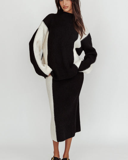 Cream Ribbed Knit Midi Skirt Black