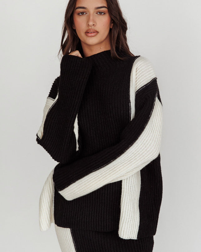 Cream Ribbed Mock Neck Knit Jumper Black