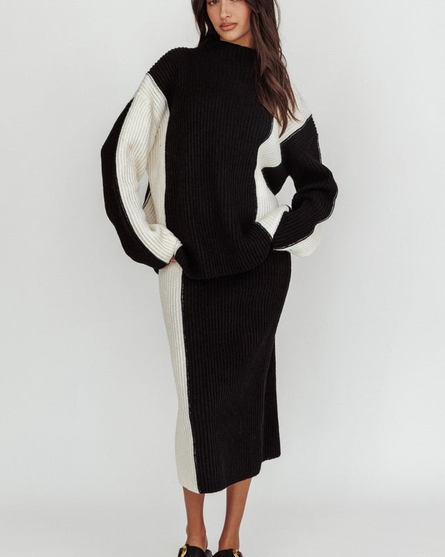Cream Ribbed Mock Neck Knit Jumper Black