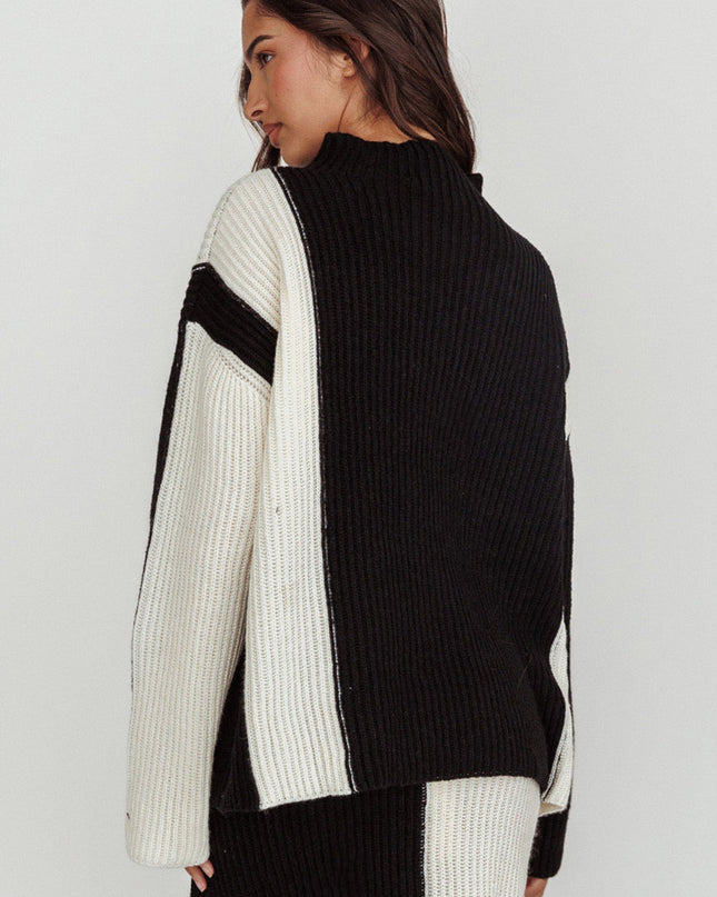Cream Ribbed Mock Neck Knit Jumper Black