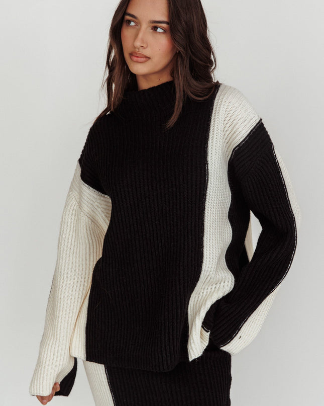 Cream Ribbed Mock Neck Knit Jumper Black