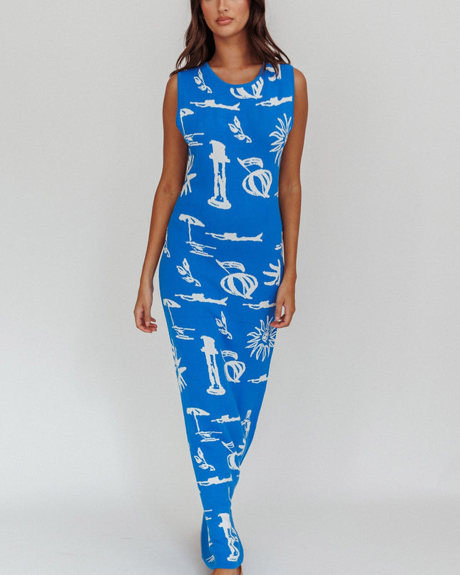 Blue Column Silhouette Maxi Dress