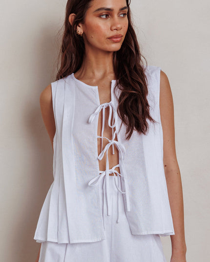 White Sleeveless Tie Front Top