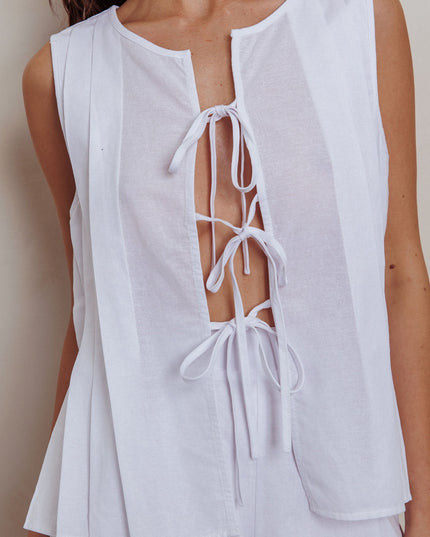 White Sleeveless Tie Front Top