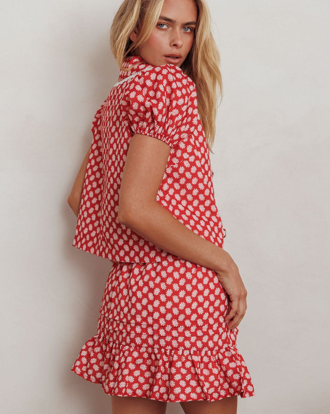 Red Frill Hem Pintuck Skirt Floral