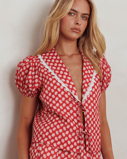 Red Tie Front Top Floral