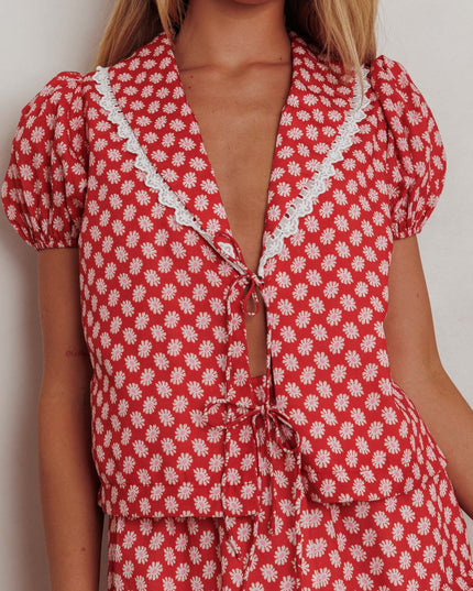 Red Tie Front Top Floral