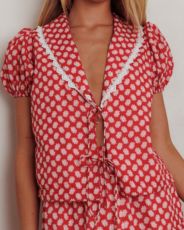 Red Tie Front Top Floral