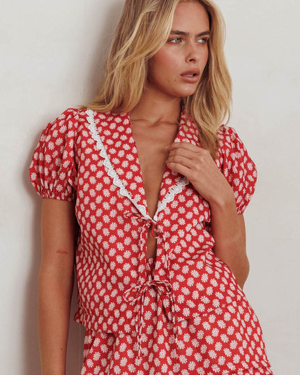 Red Tie Front Top Floral