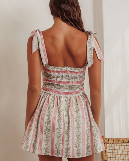 Green Tied Shoulder Mini Dress Floral