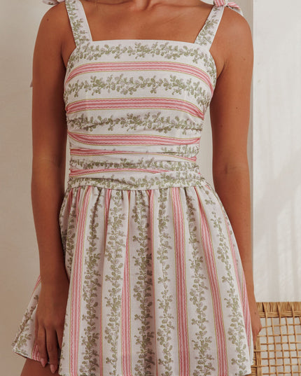 Green Tied Shoulder Mini Dress Floral