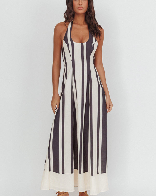 Black Scoop Neck Halter Maxi Dress Stripe