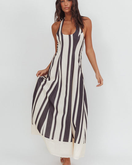 Black Scoop Neck Halter Maxi Dress Stripe
