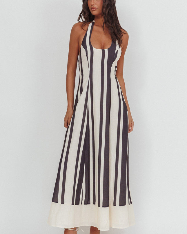 Black Scoop Neck Halter Maxi Dress Stripe