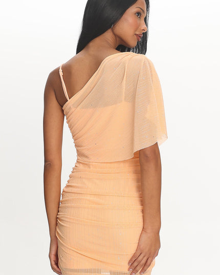 Apricot Asymmetric Shoulder Mini Dress