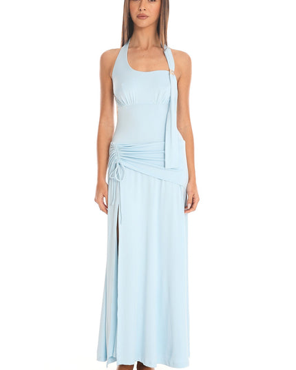 Blue Ruched Halter Maxi Dress
