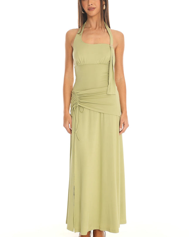 Pistachio Ruched Halter Maxi Dress