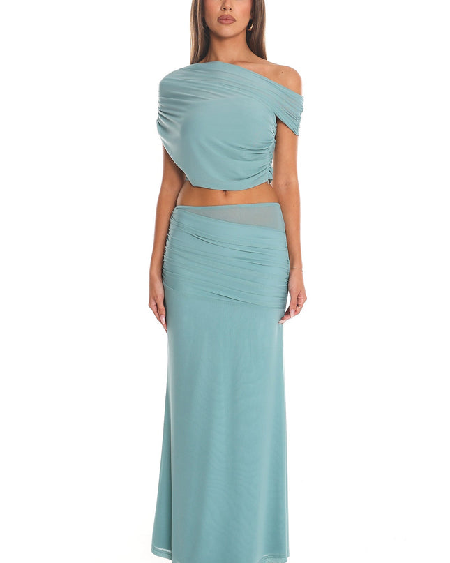 Teal Low Tide Draped Mesh Maxi Skirt