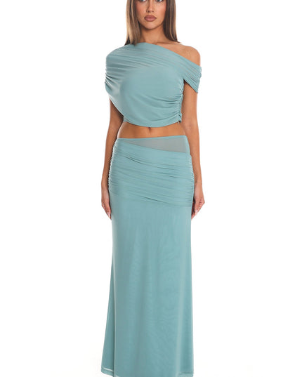 Teal Low Tide Draped One-Shoulder Crop Top