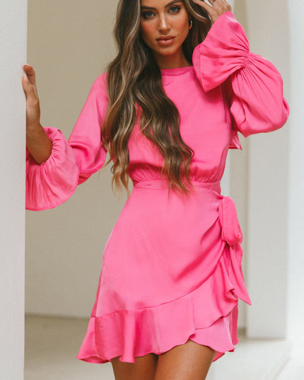 Hot Pink Long Sleeve Satin Dress