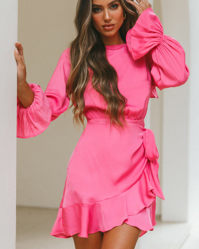 Hot Pink Long Sleeve Satin Dress
