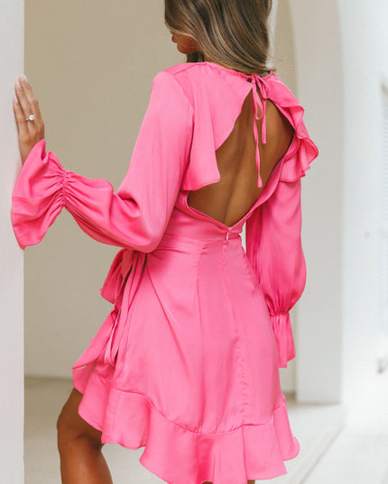 Hot Pink Long Sleeve Satin Dress